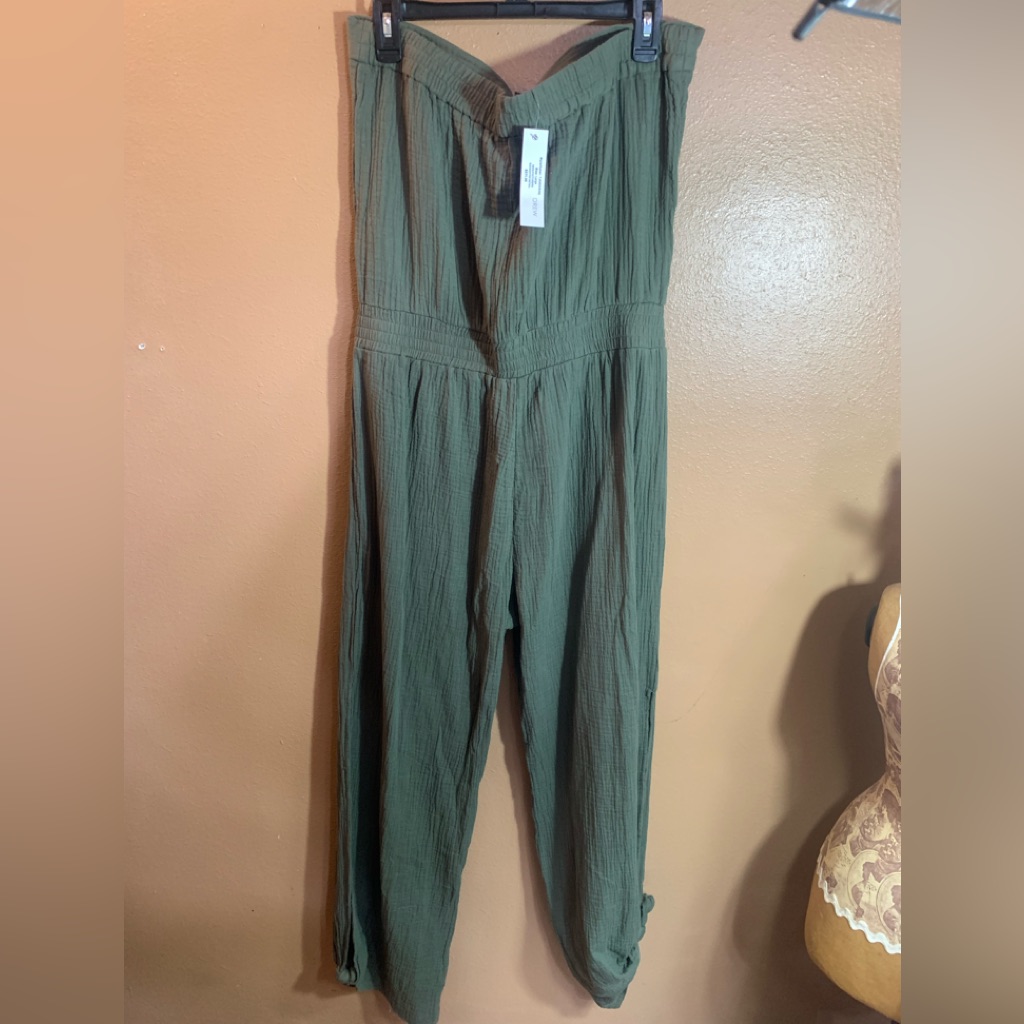 Anthropologie Drew Strapless Army Green Women's Green Pant Jumper L Nwt